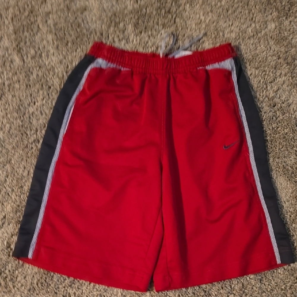 Red Athletic Shorts with Black and Gray Stripes